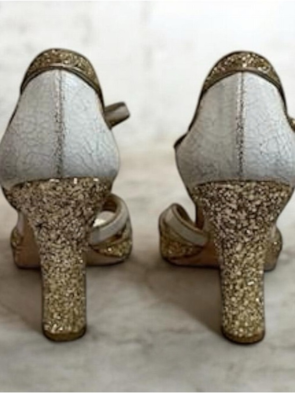 Miu Miu.  Gold and White Glitter T-Strap High Heel Sandals Size 37.5 - Picture 3 of 4